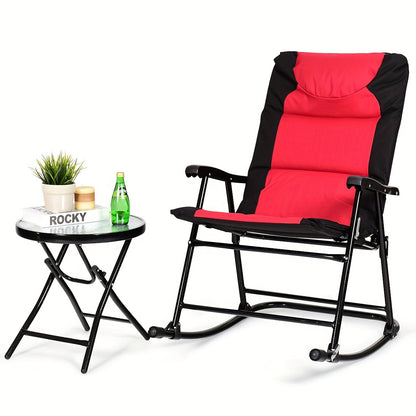 2pcs Rocking Chairs With Cushions & 1pc Glass Top Table, 3pcs Folding Bistro Set, Steel Garden Furniture In Red, Outdoor Patio Set, Space-Saving & Comfort Design, 42.0"x33.0"x27.0" Chairs, 19.0"x20.0" Table