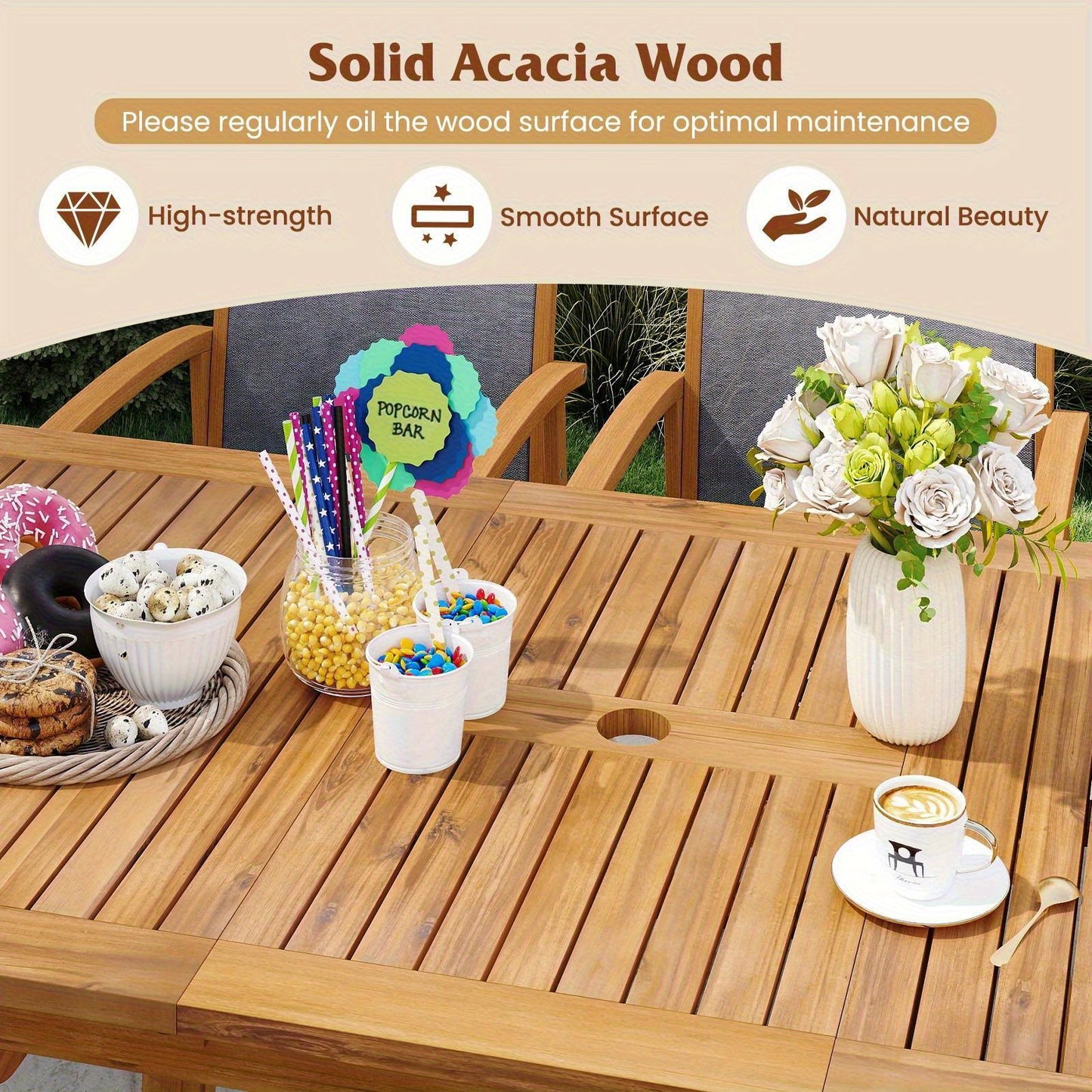 Expandable Outdoor Dining Table for 6-8 Person, 55" -71" Acacia Wood Patio Table with 1. 97" Umbrella Hole and Slatted Tabletop, Rectangular Table for Garden, Yard, Deck