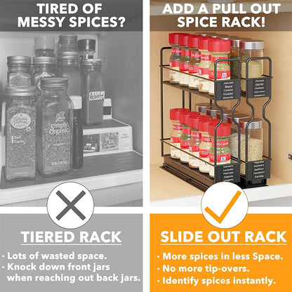 2pcs Spice Rack Organizer For Cabinets, Heavy Duty Slide Out Design With Labels, 5.2" W X 10.75" D X 10" H, No Jars