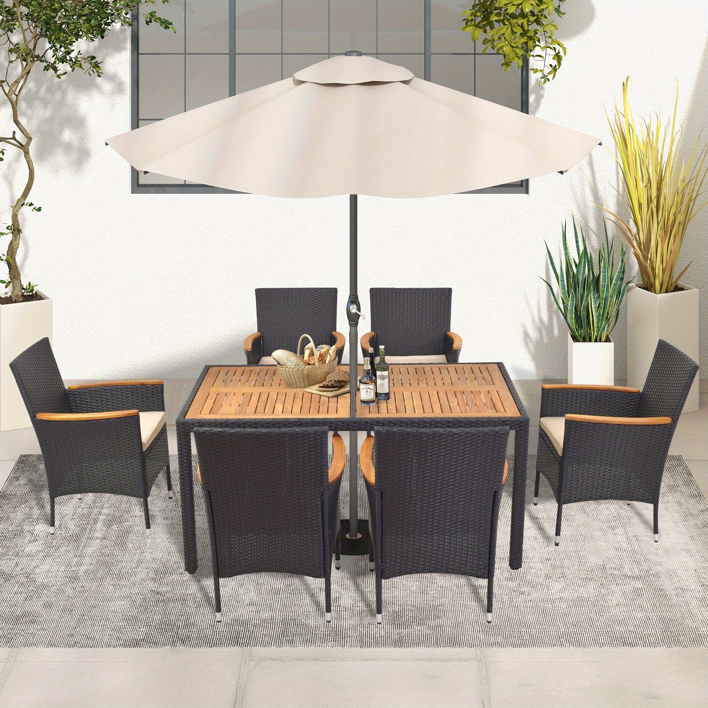 7pcs Outdoor Dining Set for 6 W/ Umbrella Hole Acacia Wood Tabletop Poolside
