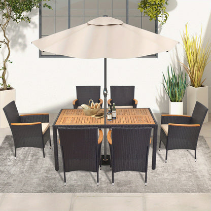 7pcs Outdoor Dining Set for 6 W/ Umbrella Hole Acacia Wood Tabletop Poolside