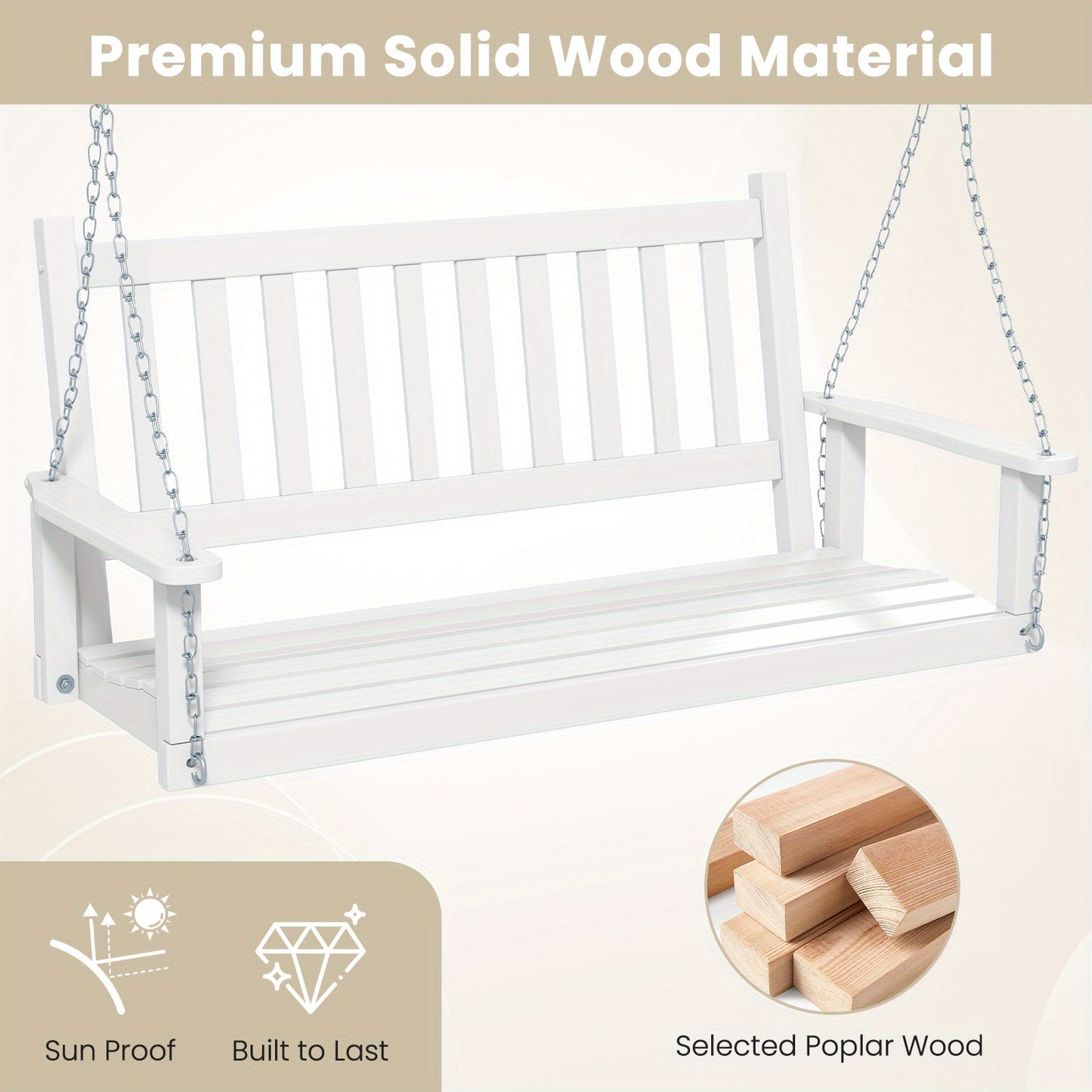 [Heavy Duty Porch Swing] 3-Person Heavy Duty White Wooden Porch Swing - Adjustable Height, Solid Poplar Wood, Galvanized Metal Chains, Slatted Backrest & Curved Seat - Ideal for Patio, Garden, Backyard