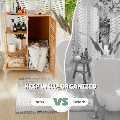 Bathroom Cabinet Bamboo Storage Floor Cabinet w/ Single Door & 3 Open Shelves