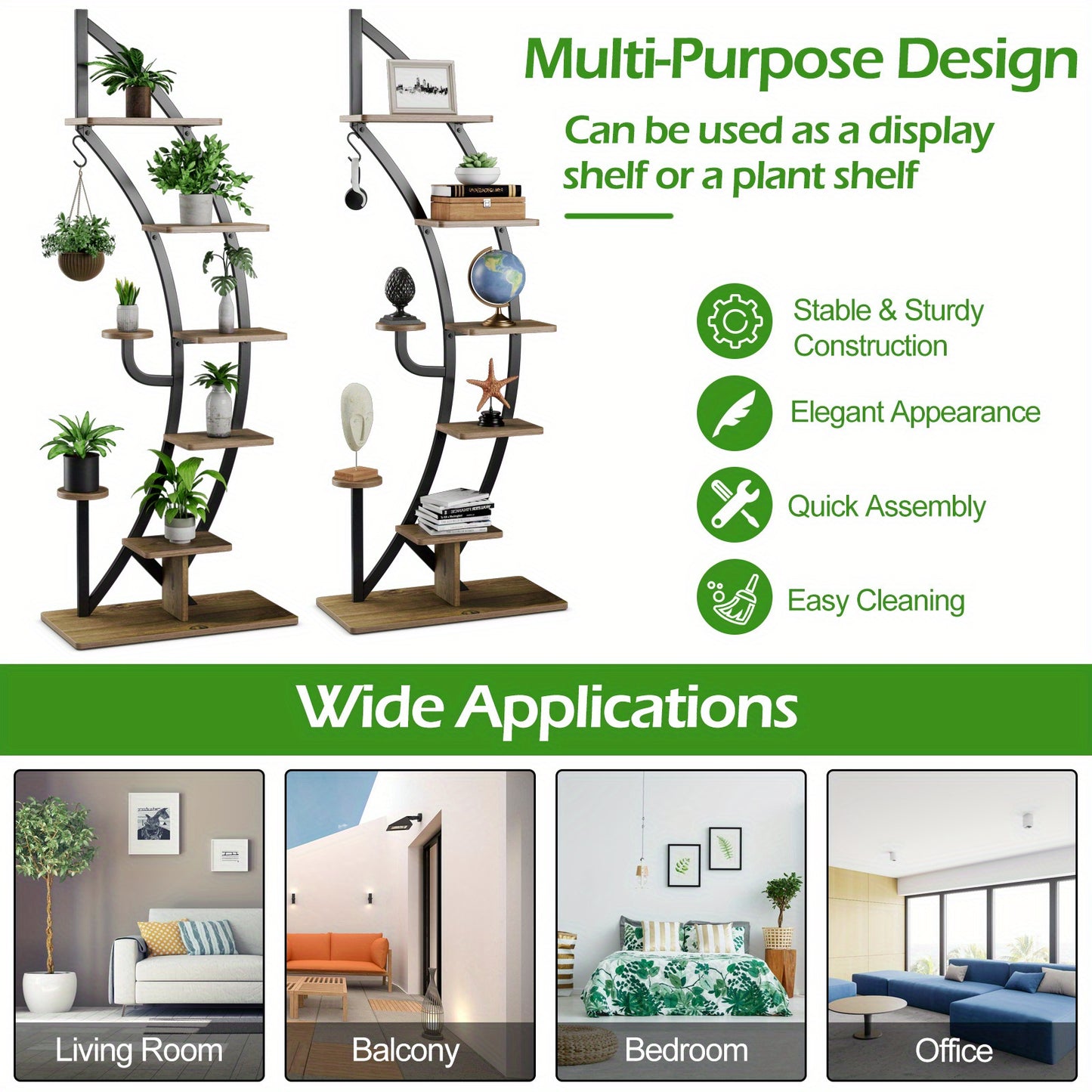 6 Tier Metal Plant Stand, Half Moon Shape Ladder Planter Organizer w/Hook, Multifunctional Curved Flower Pot Rack, Indoor Bonsai Display Shelf for Living Room, Bedroom, Balcony