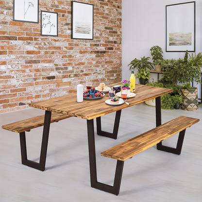 Picnic Table Bench Set Outdoor Camping Wooden 2 Benches w/Umbrella Hole Patented