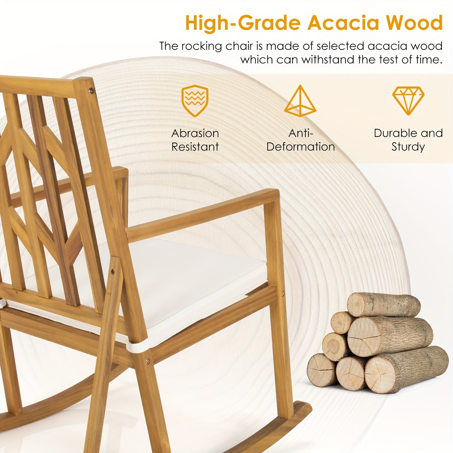 Elegant Acacia Wood Patio Rocking Chair with Cozy White Cushioned Seat, Armrests, and High Backrest - Sturdy, Safe Design for Garden or Deck Use, Outdoor Patio Furniture
