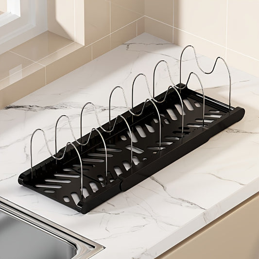 Expandable Pot Lid Organizer Rack, Adjustable Kitchen Cabinet Storage with Drain System, ABS Dishware Tiered Shelf for Cabinet, Countertop, Under Sink Organization Christmas, Halloween Gift