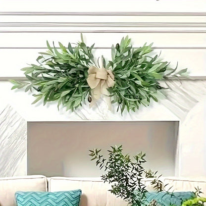 Artificial Olive Leaf Wreath with Country-Style Linen Bow - Plastic Green Plant Wall Decoration for Weddings, Christmas And June Festivals, Maintenance-Free Home Decoration, Farmhouse Door Wall Decoration, Holiday Embellishment