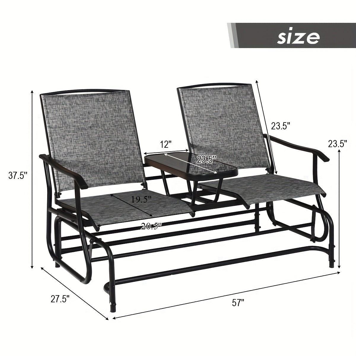 Patio Bench Glider Chair With Metal Frame, Center Tempered Glass Table, Outside Double Rocking Swing Loveseat For Porch, Garden, Poolside, Balcony, Lawn Rocker Outdoor Glider Bench (Gray)