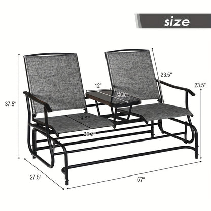 Patio Bench Glider Chair With Metal Frame, Center Tempered Glass Table, Outside Double Rocking Swing Loveseat For Porch, Garden, Poolside, Balcony, Lawn Rocker Outdoor Glider Bench (Gray)