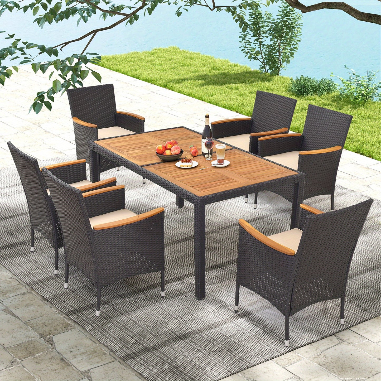 7pcs Outdoor Dining Set for 6 W/ Umbrella Hole Acacia Wood Tabletop Poolside