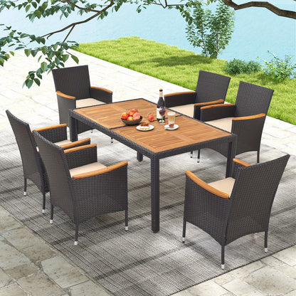 7pcs Outdoor Dining Set for 6 W/ Umbrella Hole Acacia Wood Tabletop Poolside