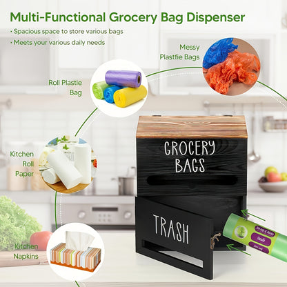 2-in-1 Wooden Garbage Bag Dispenser & Organizer, Large Capacity, Wall-Mount Or Cabinet Hanging Storage for Kitchen And Bathroom Essentials, White/Black
