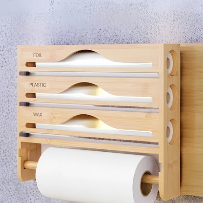 3-Section Bamboo Wrap Dispenser - Kitchen Organizer with Paper Towel Holder, Cutter, and Storage Rack for Foil, Plastic Wrap, Wax, and Accessories - High-Quality, Hand Wash Only, Multi-Purpose Use, Kitchen Storage Solution | Sleek Bamboo Design |