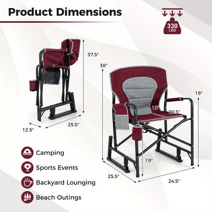 Outdoor Rocker Camping Chair for Adults, Portable Foldable Rocking Chair w/ Dual Springs, Padded Back, Armrests, Cup Holder, Storage Pocket, Heavy-Duty Arm Chair for Beach Patio Travel Picnic.