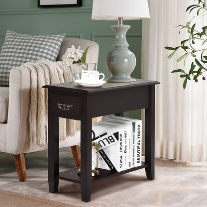2-Tier COSTWAY Side Table - Storage Drawer, Lower Shelf, Easy Assembly, Sturdy Rubber Wood Legs for Small Spaces (Bedroom, Living Room, Entryway)
