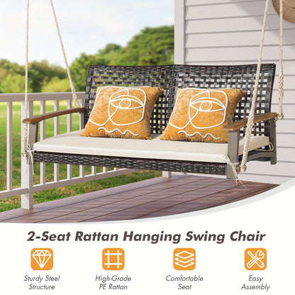 2-Person Patio Rattan Hanging Swing Chair Porch Loveseat Cushion White