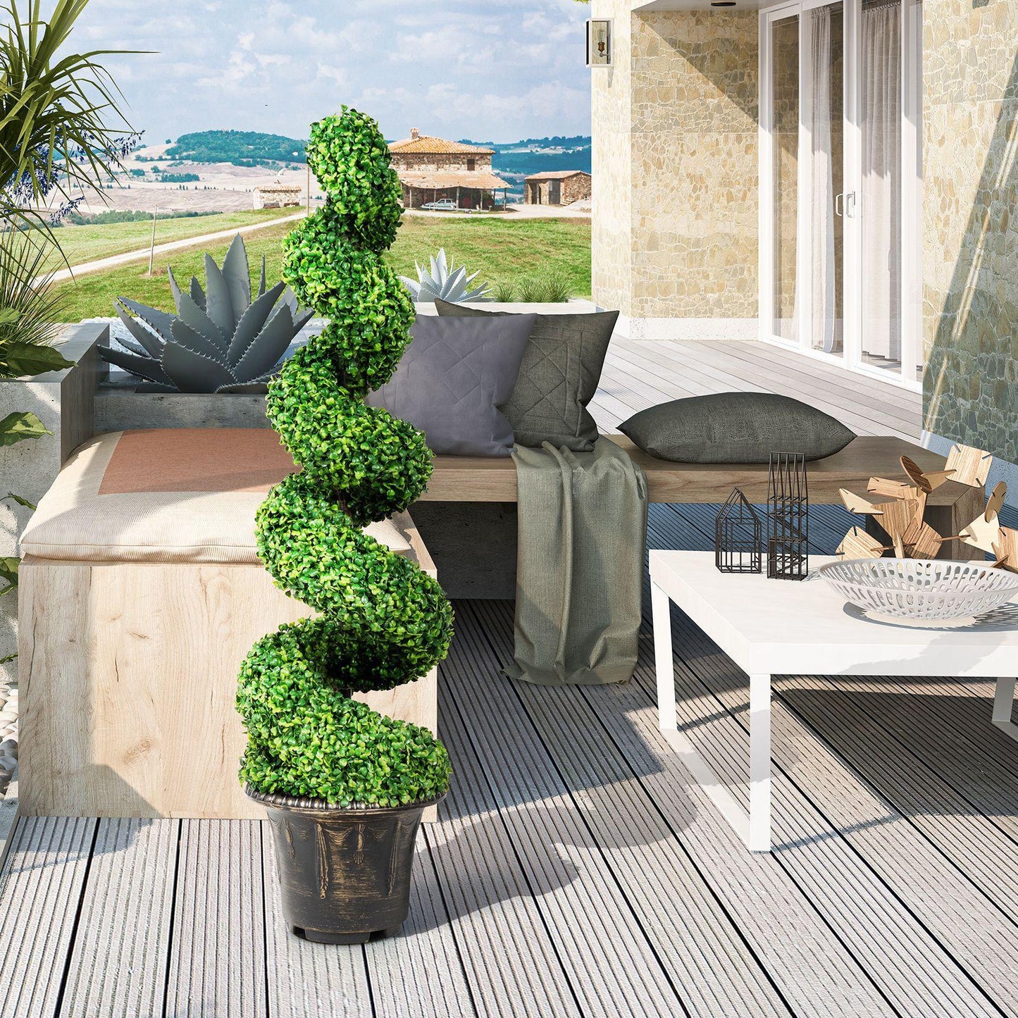 [Artificial Boxwood] Artificial Boxwood Spiral Topiary Tree | Fake Plant Decor | Plastic Pot | Realistic Leaves & Twined Branches | Sturdy Steel Frame | Faux Potted Plants | Home, Office, Front Porch