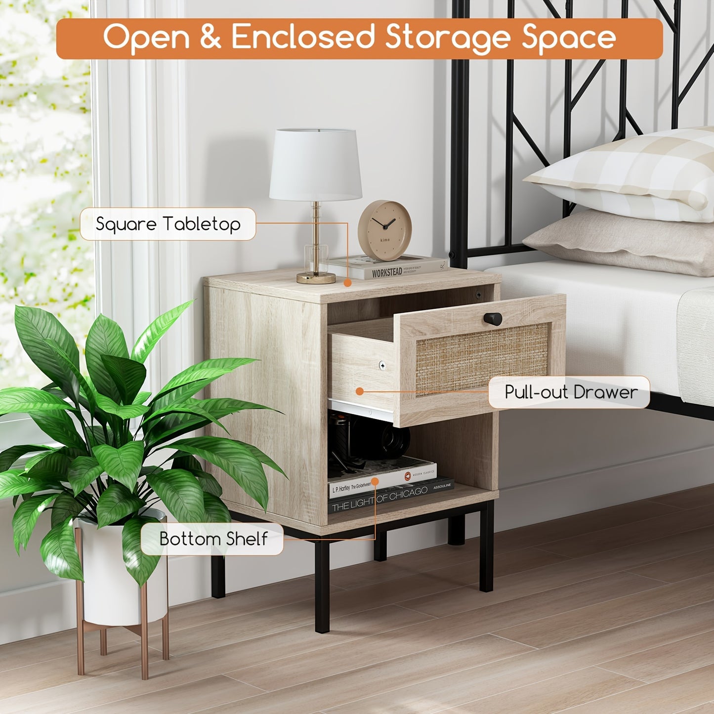 [Boho Style] Rattan Nightstand | 2pcs | Rattan | with Drawer & Open Shelf | Living Room | Boho