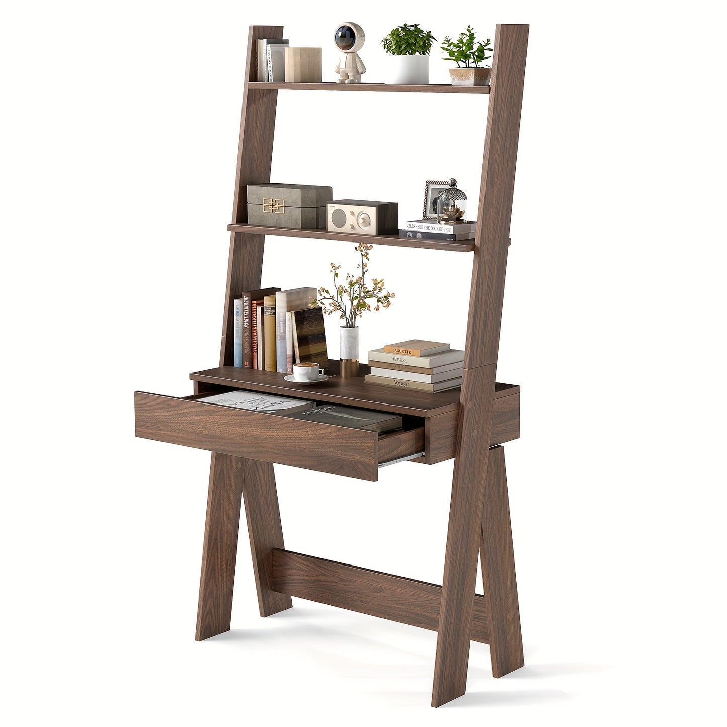Ladder Shelf Desk Bookcase w/Countertop, Drawer & 2 Shelves Bookshelf