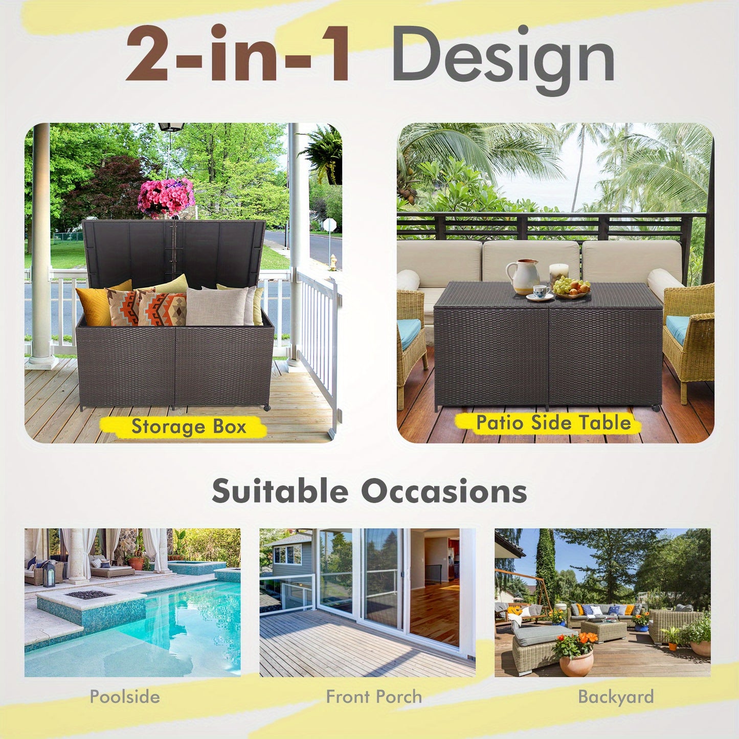 Patio 175 Gallon Rattan Wicker Storage Deck Box Container Wheels W/Liner Garden