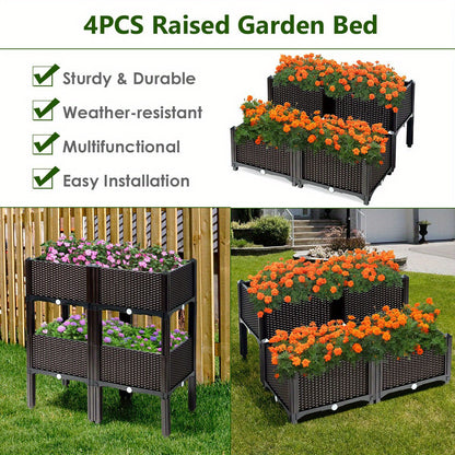 Set of 4 Raised Garden Bed Elevated Flower Vegetable Herb Grow Planter Box Brown