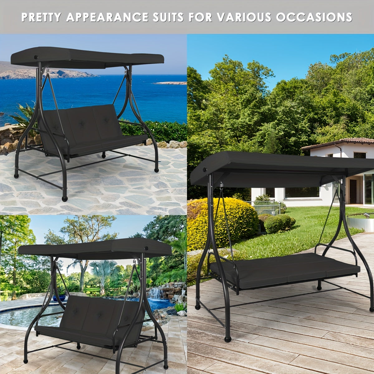 [3 People Steel Hammock] 1pc 3 People Steel Frame Convertible Outdoor Swing Canopy Hammock | Black, Cushioned Seat, 74x44x70 Inches, Patio Deck And Garden Furniture