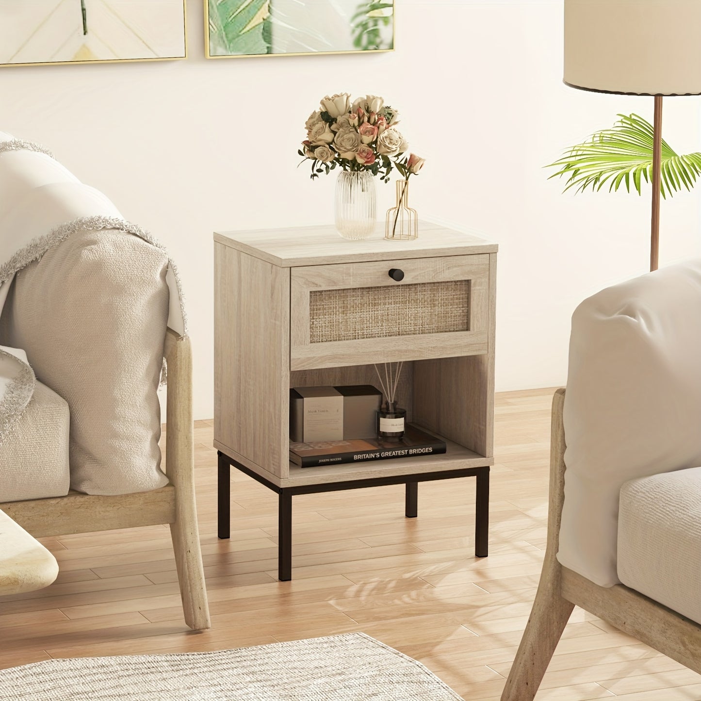 [Boho Style] Rattan Nightstand | 2pcs | Rattan | with Drawer & Open Shelf | Living Room | Boho