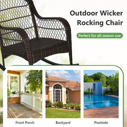 Patio Wicker Rocking Chair W/Seat Back Cushions & Lumbar Pillow Porch Off White
