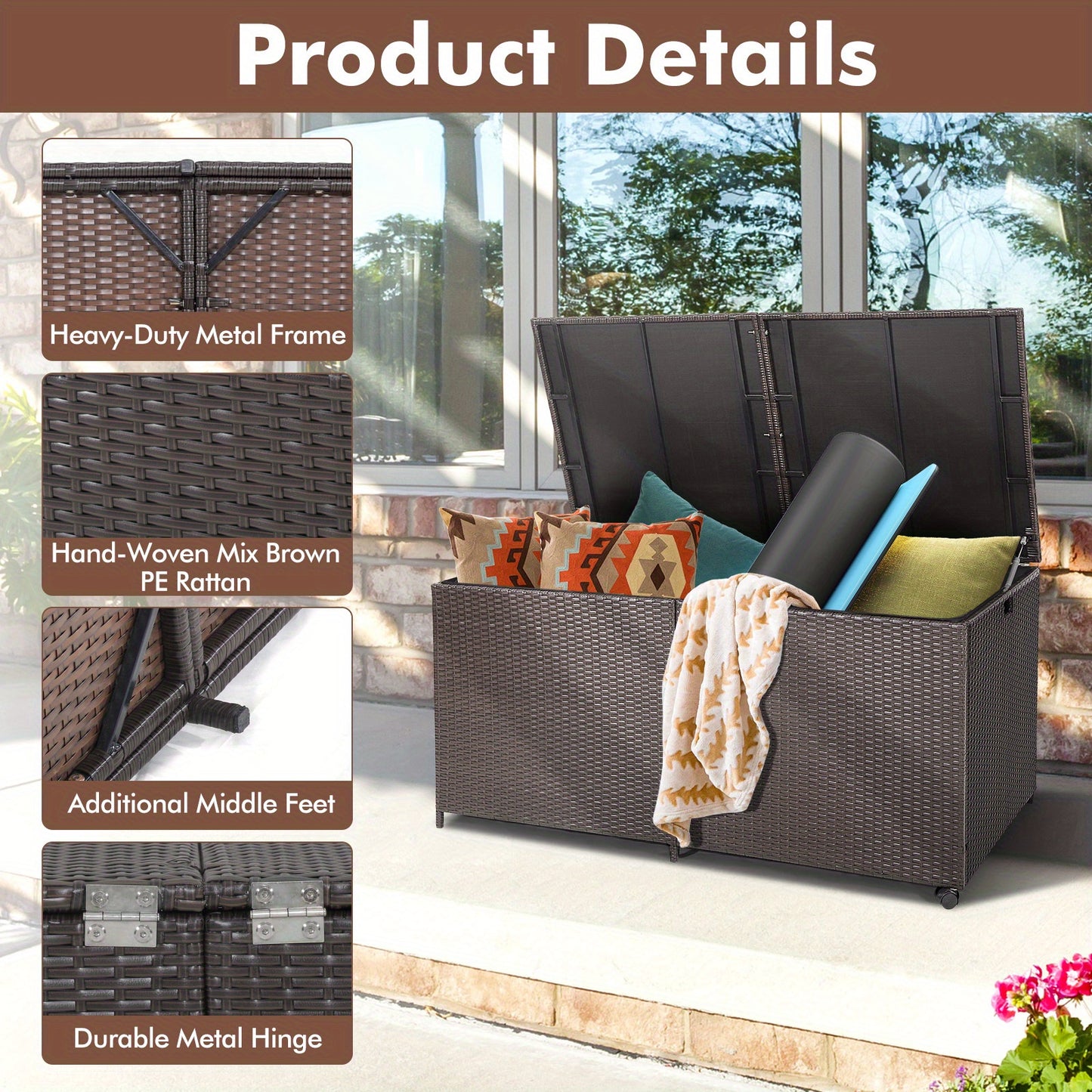 Patio 175 Gallon Rattan Wicker Storage Deck Box Container Wheels W/Liner Garden