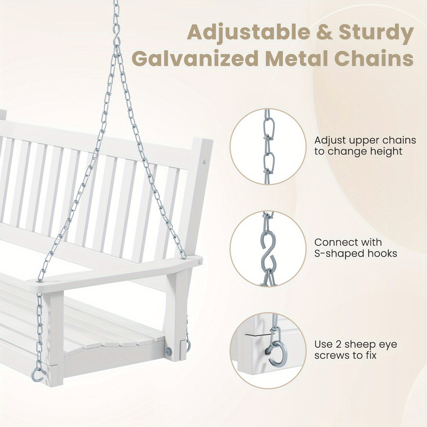 [Heavy Duty Porch Swing] 3-Person Heavy Duty White Wooden Porch Swing - Adjustable Height, Solid Poplar Wood, Galvanized Metal Chains, Slatted Backrest & Curved Seat - Ideal for Patio, Garden, Backyard
