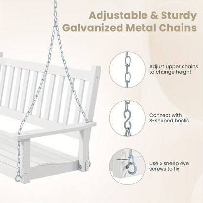 [Heavy Duty Porch Swing] 3-Person Heavy Duty White Wooden Porch Swing - Adjustable Height, Solid Poplar Wood, Galvanized Metal Chains, Slatted Backrest & Curved Seat - Ideal for Patio, Garden, Backyard