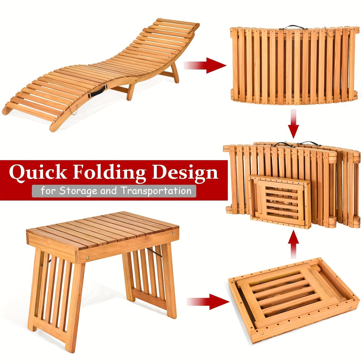 3pcs Wooden Folding Patio Lounge Chair Table Set, Red/White Cushion Pad Pool Deck