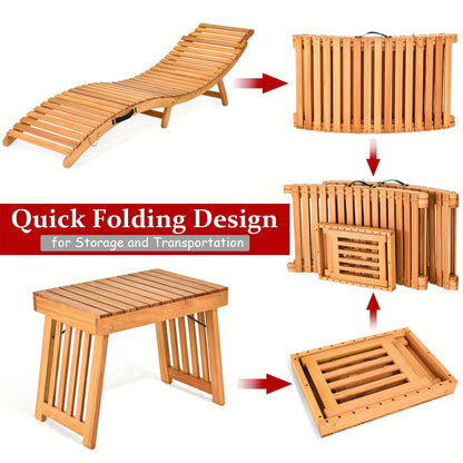 3pcs Wooden Folding Patio Lounge Chair Table Set, Red/White Cushion Pad Pool Deck