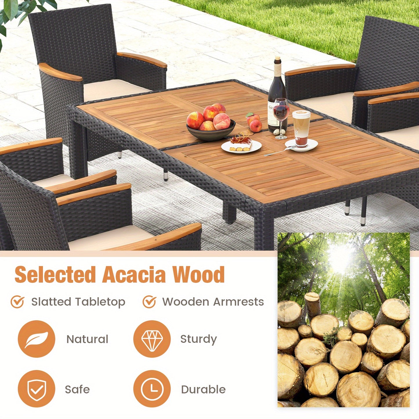 7pcs Outdoor Dining Set for 6 W/ Umbrella Hole Acacia Wood Tabletop Poolside