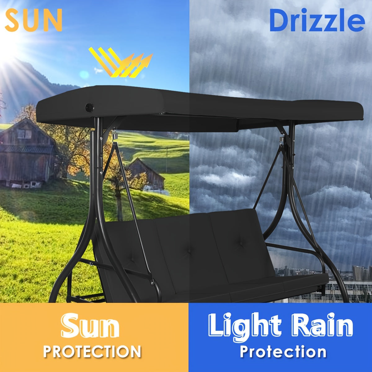 [3 People Steel Hammock] 1pc 3 People Steel Frame Convertible Outdoor Swing Canopy Hammock | Black, Cushioned Seat, 74x44x70 Inches, Patio Deck And Garden Furniture
