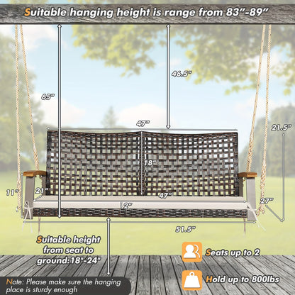 2-Person Patio Rattan Hanging Swing Chair Porch Loveseat Cushion White