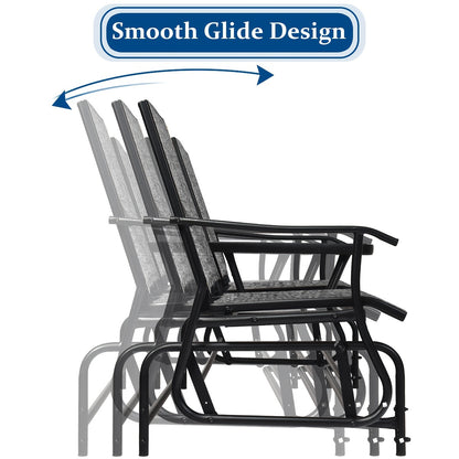 Patio Bench Glider Chair With Metal Frame, Center Tempered Glass Table, Outside Double Rocking Swing Loveseat For Porch, Garden, Poolside, Balcony, Lawn Rocker Outdoor Glider Bench (Gray)