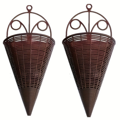 16pcs Rattan-Style Woven Wall Hanging Planters - Lightweight Plastic Cone-Shaped Flower Baskets with Decorative Metal Rings, Indoor/Outdoor Wall-Mounted Vases for Balcony, Garden & Patio Decor