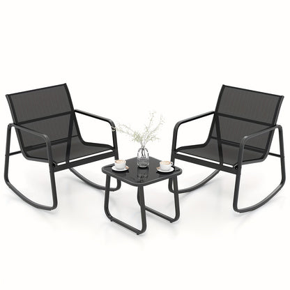 3pcs/set COSTWAY Patio Rocking Chairs Set - 2 Rocking Bistro Chairs & Glass-Top Table For Porch