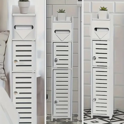 Slim White Wooden Bathroom Storage Cabinet with 2 Doors & Shelves