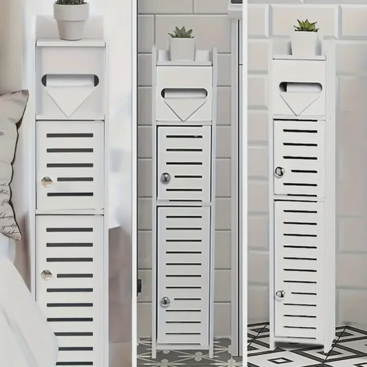 Slim White Wooden Bathroom Storage Cabinet with 2 Doors & Shelves