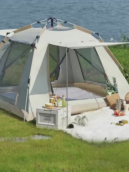 Family Camping Tent with Canopy - Quick Setup, Windproof, All-Season Design with Mosquito Netting & UV Protection, Durable Oxford Fabric, Beige Multi-Band Sunshade, Ideal for Outdoor Adventures & Camping Accessories, Allseason Camping