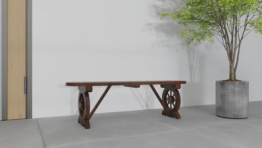 Patio Wood Bench, Outdoor Rustic Wagon Wheel Bench, 2-Person Wooden Outdoor Bench For Patio, Garden, Porch, Park, 710 Lbs Weight Capacity, Brown