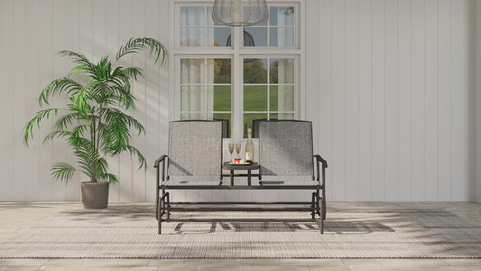 Patio Bench Glider Chair With Metal Frame, Center Tempered Glass Table, Outside Double Rocking Swing Loveseat For Porch, Garden, Poolside, Balcony, Lawn Rocker Outdoor Glider Bench (Gray)