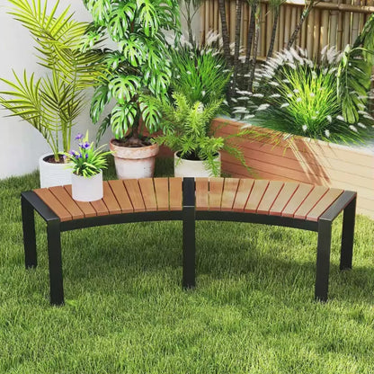 Acacia Wood Patio Bench Set - Curved Fire Pit Seat with Slatted Design & Metal Legs, Outdoor 2-Person Backless Bench for Yard, Garden, Porch, 800 LBS Max Load