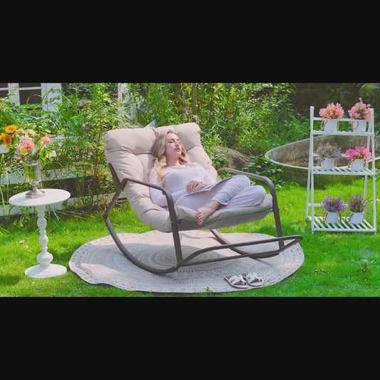 Large Outdoor Rocking Chair, Oversized Rocking Papasan Chair with Thick Cushion And Frame Outdoor Rocker, Comfy Chairs Lounge for Outside Porch Patio Backyard Balcony, Over Sized Rocking Chair, Outdoor Seating, Balcony Chair, Cozy Seating