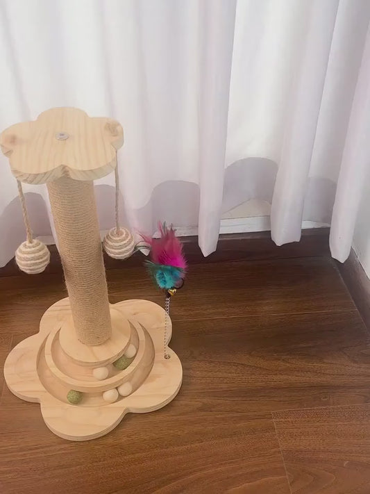 1pc Whisker Wonders Solid Hardwood Cat Scratching Post with Turntable - Interactive Teaser Stick, Scratch-Resistant Board & Sisal Climbing Stand for Active Cats