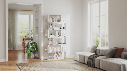 6-Tier S-Shaped Bookshelf - Modern Hardwood Display Shelving Unit with Anti-Tip Design, 75" Height, 44 lbs Weight Capacity, Perfect for Living Room, Study, or Bedroom Decor, Bookshelf Decorations