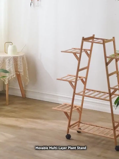 3-Tier Wooden Plant Stand with Wheels - Mobile Indoor/Outdoor Rolling Shelf for Potted Plants, Space-Saving A-Frame Design, Rustic Home Decor & Gardening Tool Organizer, Durable Wooden Construction